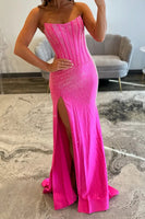 Load image into Gallery viewer, Sparkly Beaded Corset Mermaid Long Fuchsia Prom Dress with Slit