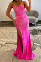 Load image into Gallery viewer, Sparkly Beaded Corset Mermaid Long Fuchsia Prom Dress with Slit