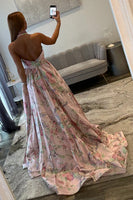 Load image into Gallery viewer, Pink Flower Deep V Neck A Line Long Prom Dress with Slit