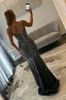 Load image into Gallery viewer, Sparkly Black Mermaid Corset Long Prom Dress with Beading