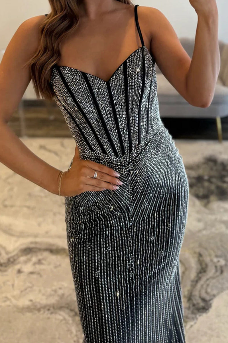 Load image into Gallery viewer, Sparkly Black Mermaid Corset Long Prom Dress with Beading