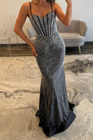 Load image into Gallery viewer, Sparkly Black Mermaid Corset Long Prom Dress with Beading