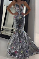 Load image into Gallery viewer, Sparkly Silver Mermaid Strapless Long Prom Dress