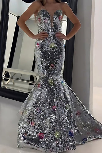 Sparkly Silver Mermaid Strapless Long Prom Dress
