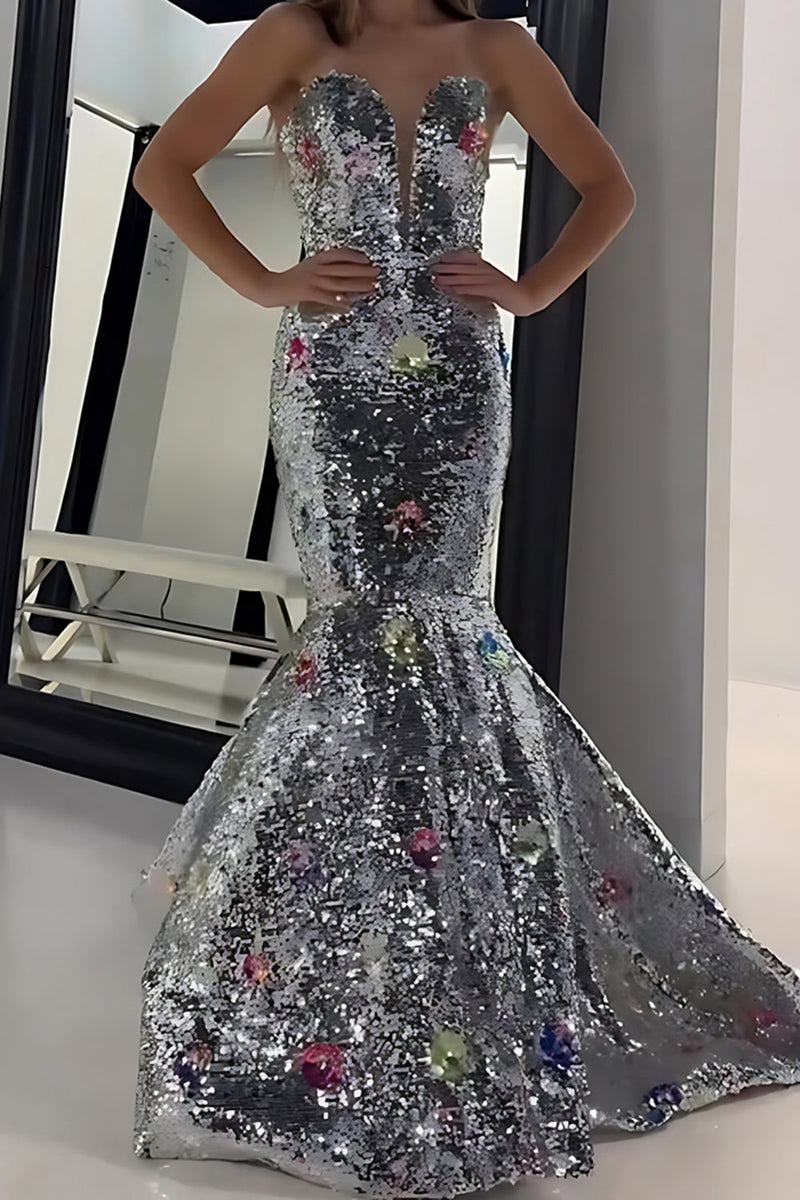 Load image into Gallery viewer, Sparkly Silver Mermaid Strapless Long Prom Dress
