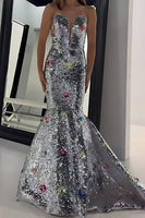 Load image into Gallery viewer, Sparkly Silver Mermaid Strapless Long Prom Dress