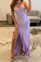 Load image into Gallery viewer, Sparkly Lilac Ruffled Mermaid Strapless Long Prom Dress with Slit