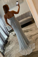 Load image into Gallery viewer, Sparkly Light Blue Beaded Mermaid Corset Prom Dress with Slit