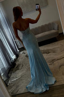 Load image into Gallery viewer, Sparkly Blue Corset Beaded Mermaid Prom Dress with Slit