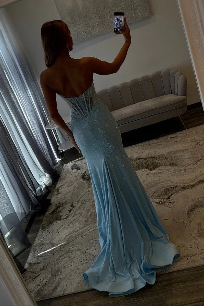 Load image into Gallery viewer, Sparkly Blue Corset Beaded Mermaid Prom Dress with Slit