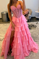 Load image into Gallery viewer, Pink Ruffled Tiered A Line Corset Long Prom Dress with Slit