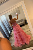 Load image into Gallery viewer, Pink Ruffled Tiered A Line Corset Long Prom Dress with Slit