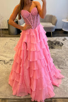 Load image into Gallery viewer, Pink Ruffled Tiered A Line Corset Long Prom Dress with Slit