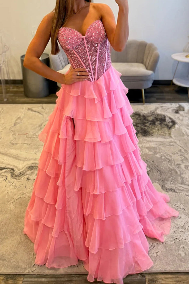 Load image into Gallery viewer, Pink Ruffled Tiered A Line Corset Long Prom Dress with Slit