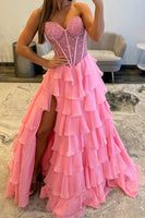 Load image into Gallery viewer, Pink Ruffled Tiered A Line Corset Long Prom Dress with Slit