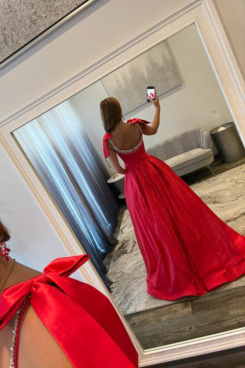 Load image into Gallery viewer, Red A Line Satin Spaghetti Straps Long Prom Dress with Beading