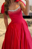 Load image into Gallery viewer, Red A Line Satin Spaghetti Straps Long Prom Dress with Beading