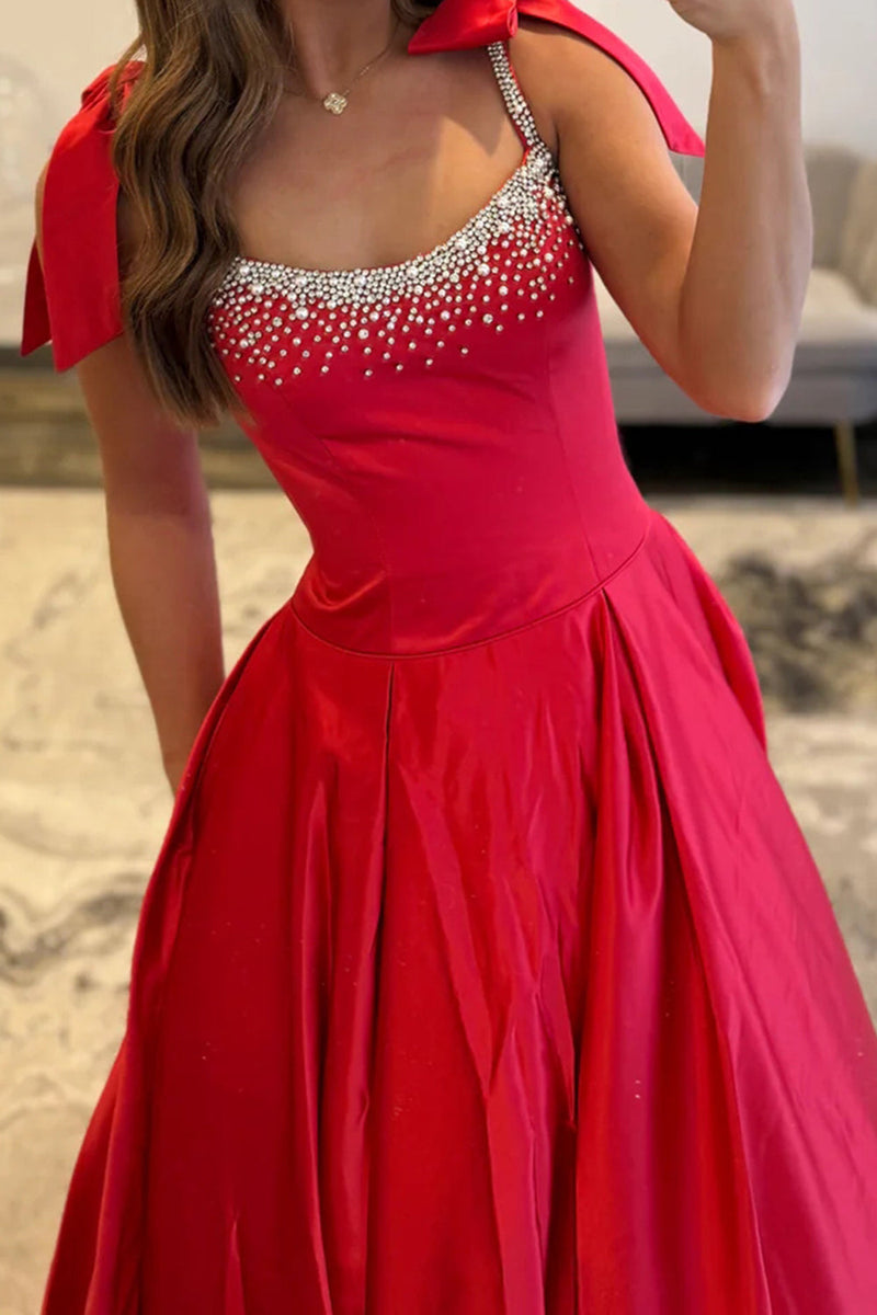 Load image into Gallery viewer, Red A Line Satin Spaghetti Straps Long Prom Dress with Beading