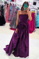 Load image into Gallery viewer, Dark Purple A Line Strapless Pleated Long Prom Dress with Ruffles