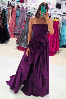 Dark Purple A Line Strapless Pleated Long Prom Dress with Ruffles