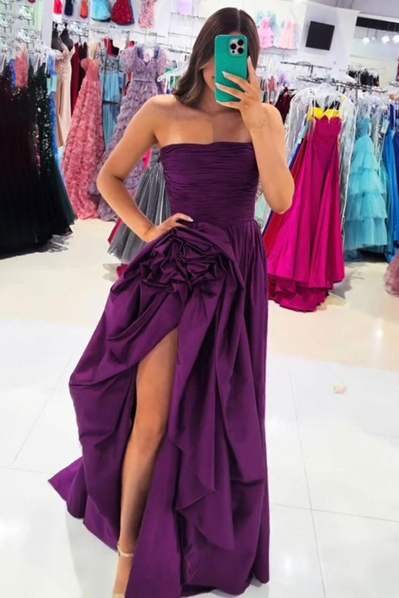 Load image into Gallery viewer, Dark Purple A Line Strapless Pleated Long Prom Dress with Ruffles