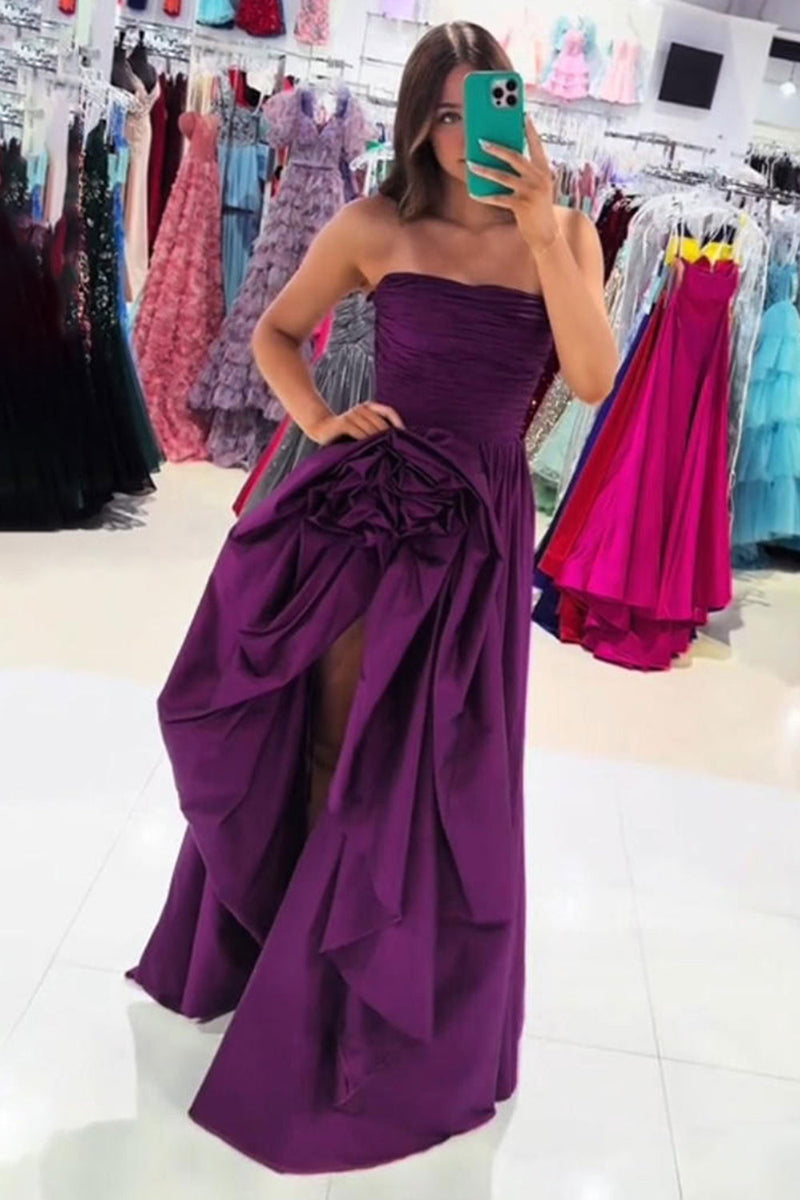 Load image into Gallery viewer, Dark Purple A Line Strapless Pleated Long Prom Dress with Ruffles