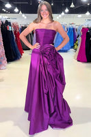 Load image into Gallery viewer, Dark Purple A Line Strapless Pleated Long Prom Dress with Ruffles