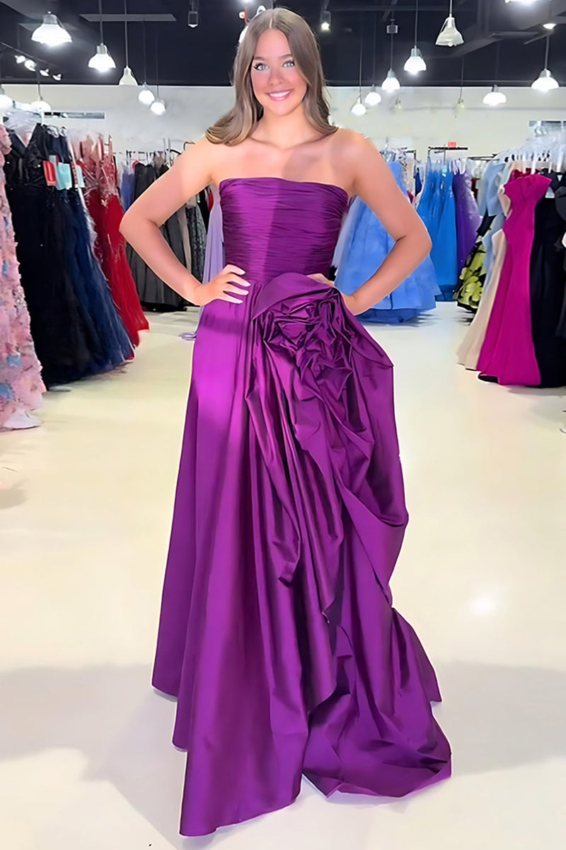 Load image into Gallery viewer, Dark Purple A Line Strapless Pleated Long Prom Dress with Ruffles