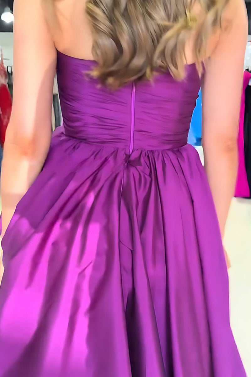 Load image into Gallery viewer, Dark Purple A Line Strapless Pleated Long Prom Dress with Ruffles