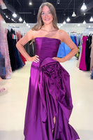 Load image into Gallery viewer, Dark Purple A Line Strapless Pleated Long Prom Dress with Ruffles