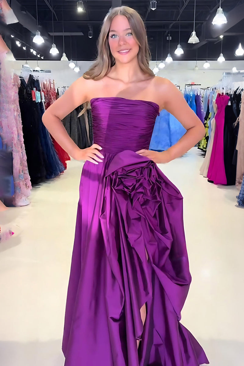 Load image into Gallery viewer, Dark Purple A Line Strapless Pleated Long Prom Dress with Ruffles