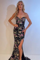 Load image into Gallery viewer, Sparkly Black Pink Flower Mermaid Long Prom Dress with Slit