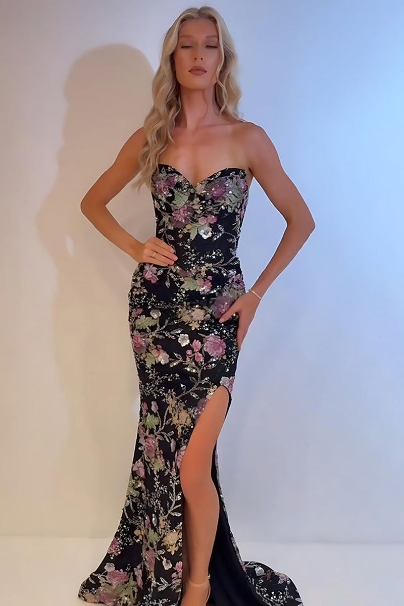 Load image into Gallery viewer, Sparkly Black Pink Flower Mermaid Long Prom Dress with Slit