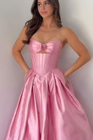 Load image into Gallery viewer, Pink 3D Flower A Line Satin Corset Long Prom Dress