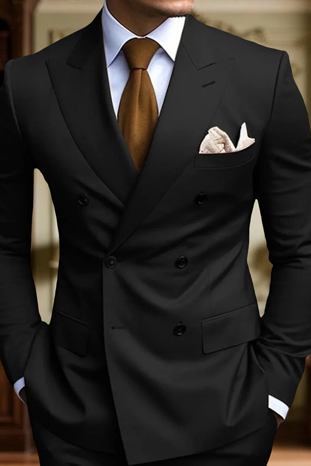 Peaked Lapel 2 Pieces Double Breasted Black Prom Suits