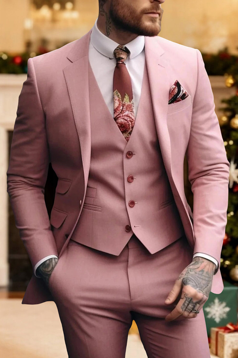 Pink Notched Lapel 3 Pieces Silm Fit Men's Prom Suits