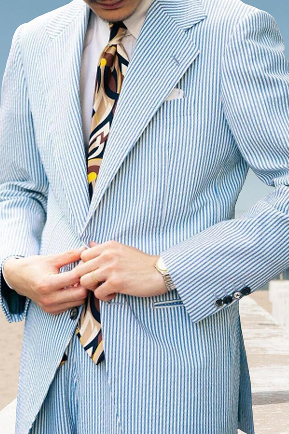 Notched Lapel Stripe Light Blue 2 Pieces Men's Prom Suits