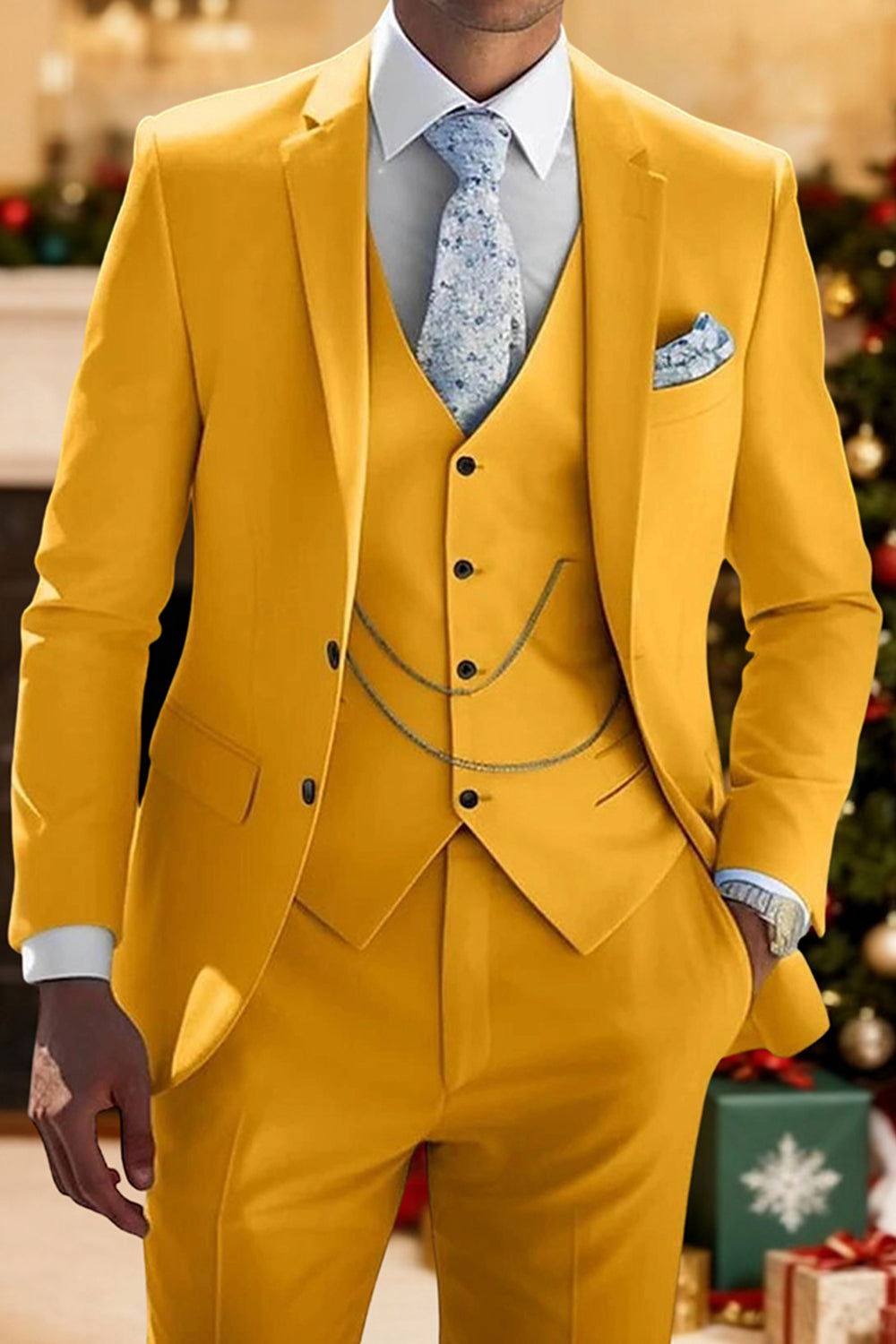 Yellow Notched Lapel 3 Pieces Classic Men's Prom Suits