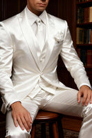 Load image into Gallery viewer, White Peaked Lapel Satin 3 Pieces Men&#39;s Prom Suits