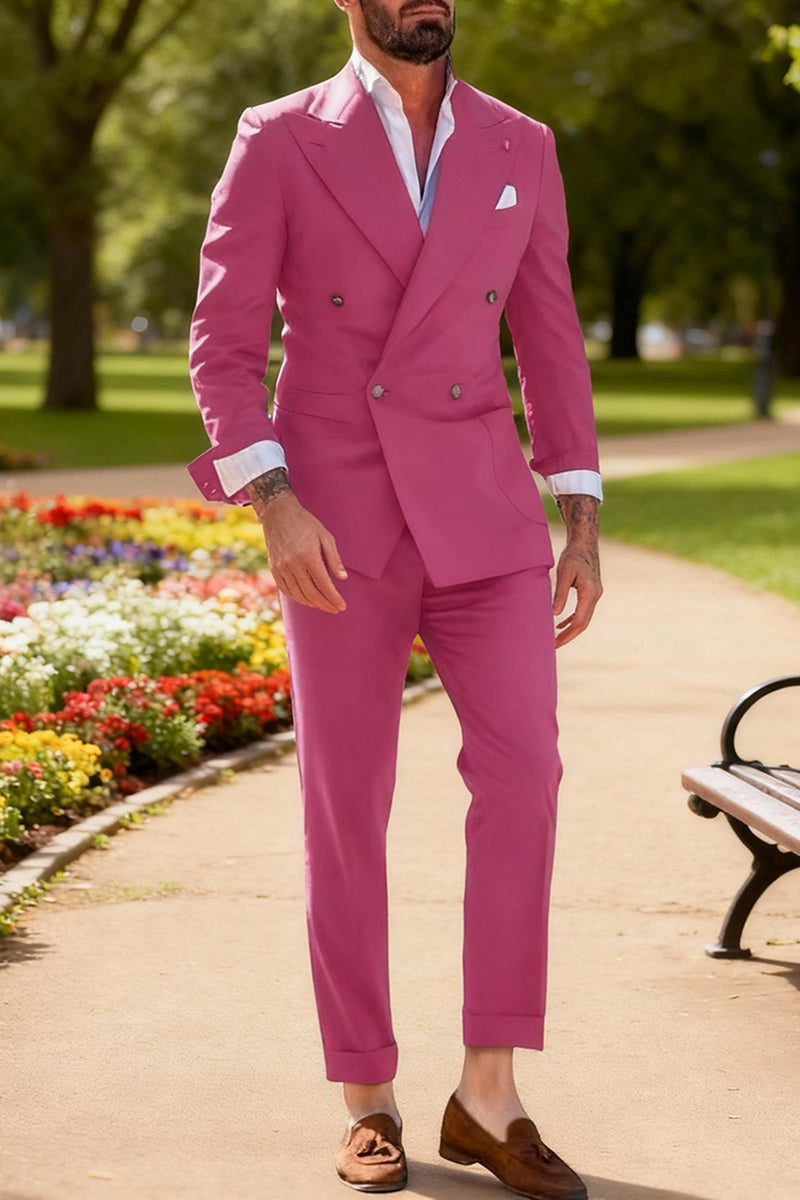 Load image into Gallery viewer, Peaked Lapel Double Breasted 2 Pieces Fuchsia Men&#39;s Prom Suits