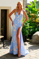 Load image into Gallery viewer, Blue Pink Floral Mermaid Spaghetti Straps Prom Dress
