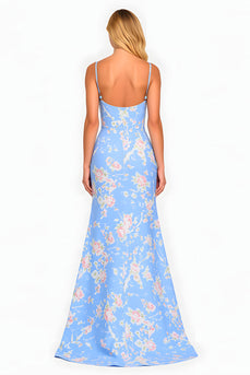 Blue Pink Floral Mermaid Spaghetti Straps Prom Dress