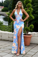 Load image into Gallery viewer, Halter Blue Pink Floral Corset Mermaid Prom Dress