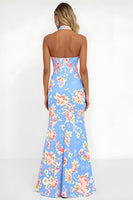 Load image into Gallery viewer, Halter Blue Pink Floral Corset Mermaid Prom Dress