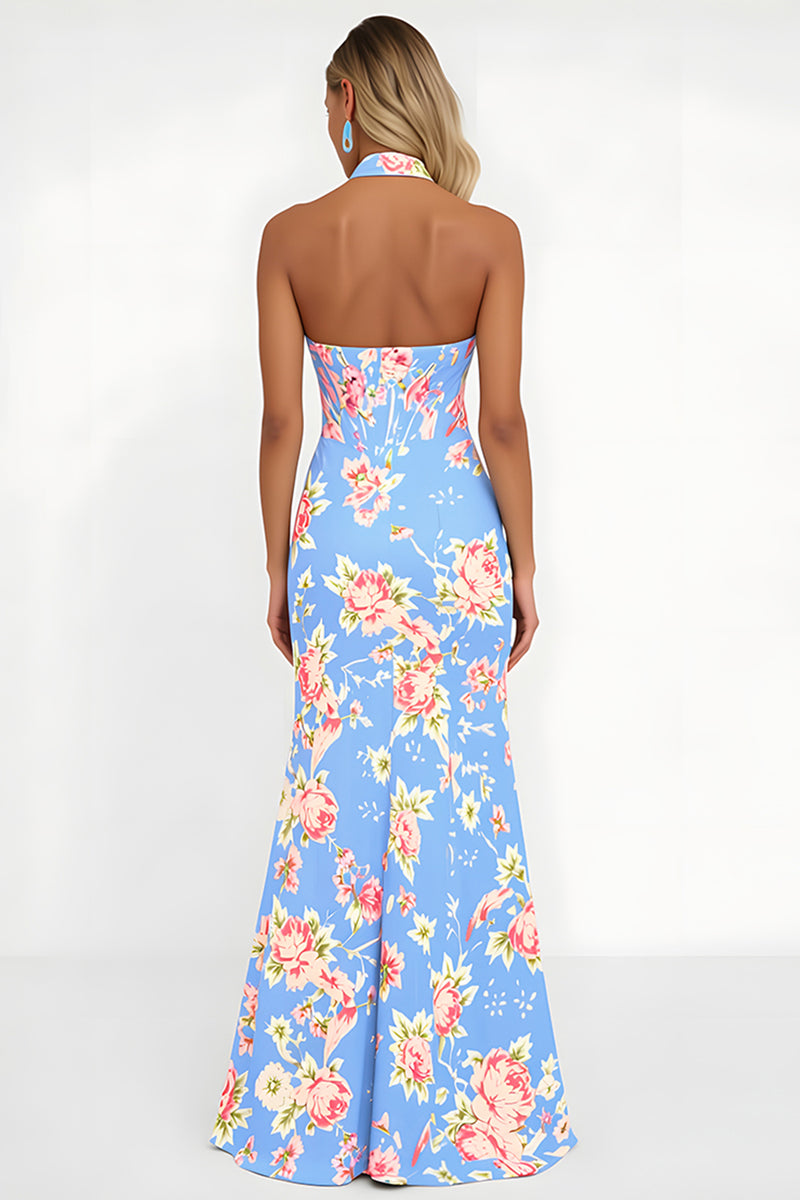 Load image into Gallery viewer, Halter Blue Pink Floral Corset Mermaid Prom Dress