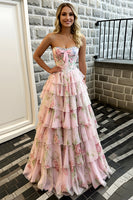 Load image into Gallery viewer, Pink Floral Corset Tiered Prom Dress with Bow