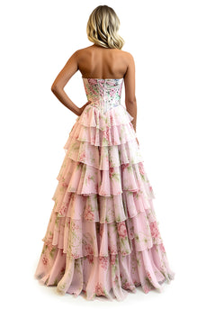 Pink Floral Corset Tiered Prom Dress with Bow