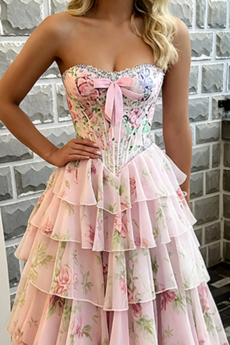 Load image into Gallery viewer, Pink Floral Corset Tiered Prom Dress with Bow