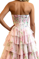 Load image into Gallery viewer, Pink Floral Corset Tiered Prom Dress with Bow