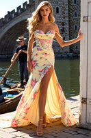 Load image into Gallery viewer, Yellow Floral Corset Strapless Ruched Prom Dress